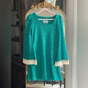 Judith March Teal Crochet Bell Sleeve Mini Dress